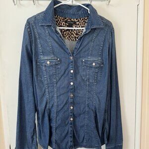 White House Black Market Denim Jean Jacket Animal Print Women's Size 14